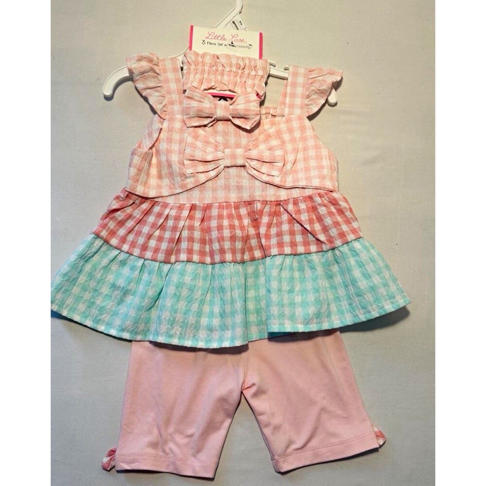 Little Lass 3pc Girls Outfit Set 4T Pink/Blue Gingham Cotton Top Pants Headband
